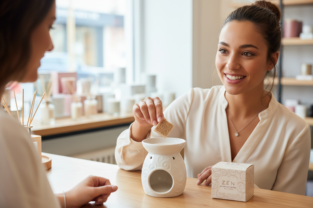 show a tan complected women smiling eyes open showing a customer how to place  zen scent sational wax cube in wax warmer