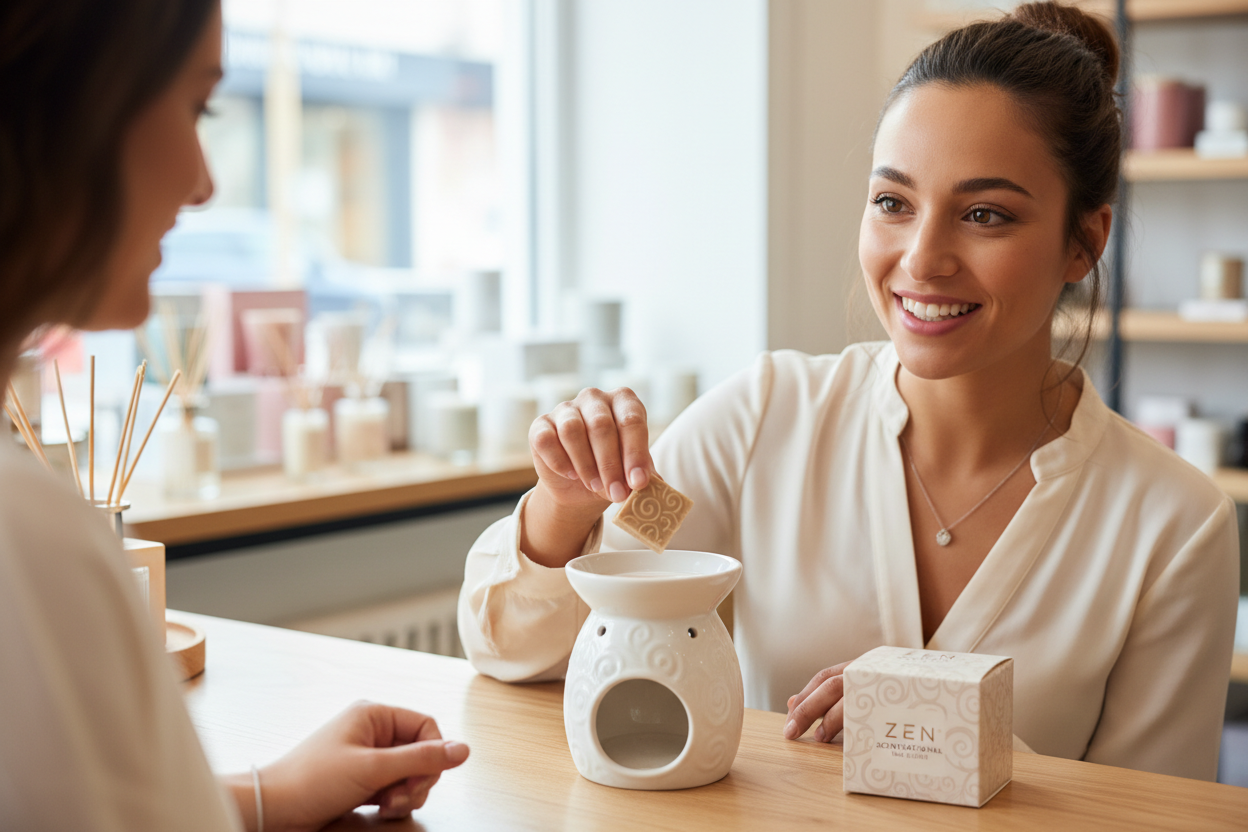 show a tan complected women smiling eyes open showing a customer how to place  zen scent sational wax cube in wax warmer