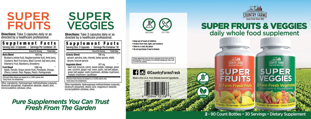Country Farms Super Fruits & Veggies Supplement, 90 Capsules-2 Bottles